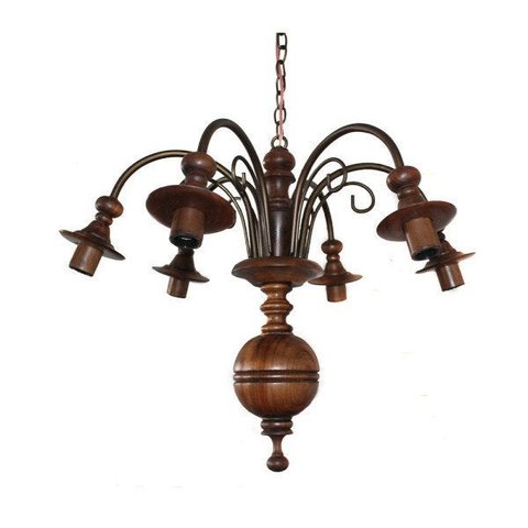 Lustre Pendente Invertido 6 Lâmpadas Ferro e Madeira Torneada Rústico Quarto e Sala de Estar Natural