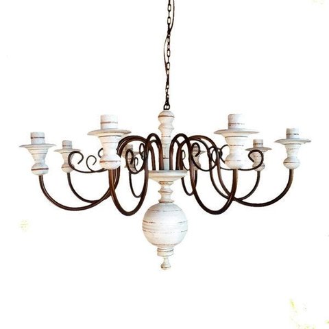 Lustre Luminária 8 Lâmpadas em Ferro e Madeira Torneada Rústico para Quarto e Sala de Jantar Branco