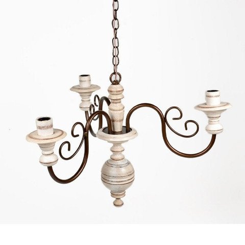 Lustre Luminária 3 Lâmpadas em Ferro e Madeira Torneada Rústico para Quarto e Sala de Estar Branco