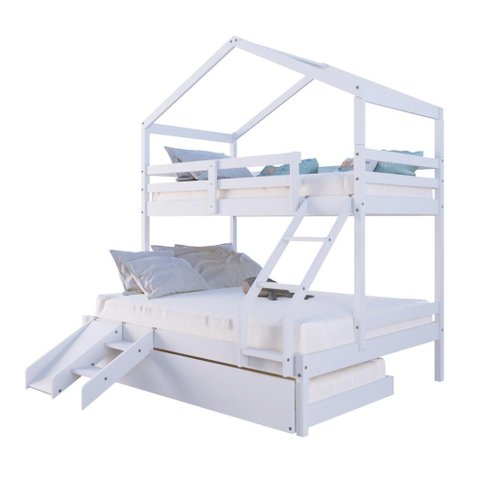 Treliche Casal/ Solteiro Casinha com Kit Escada/Escorregador Madeira Maciça Branco Megamobilia