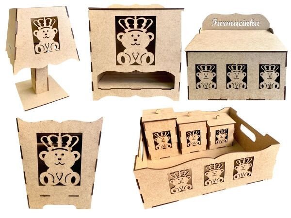 Kit Higiene 8Pcs Urso Rei- 3D - MDF Cru Desmontado com Placa - 1