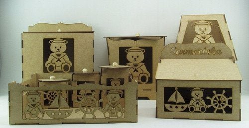 Kit Higiene 8Pcs Urso Marinheiro- 3D - MDF Cru Desmontado - 3