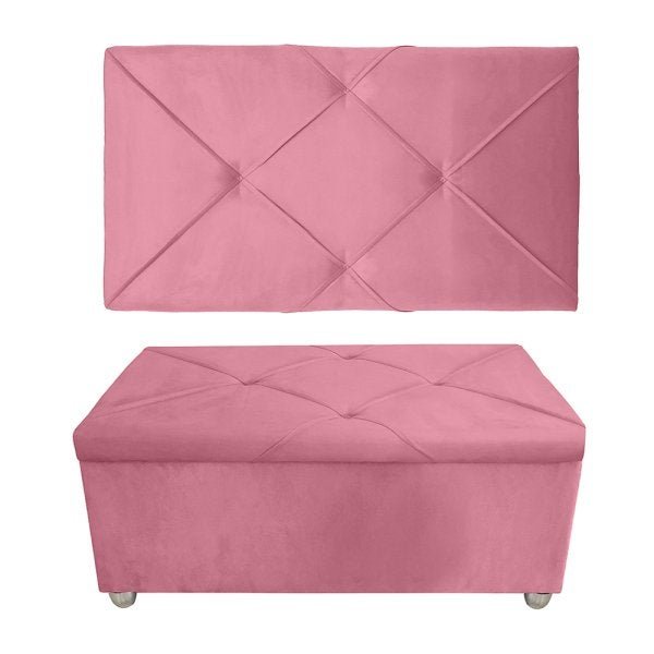 Kit Painel Letícia com calçadeira baú Vitória Solteiro 90cm Suede Rose - 1