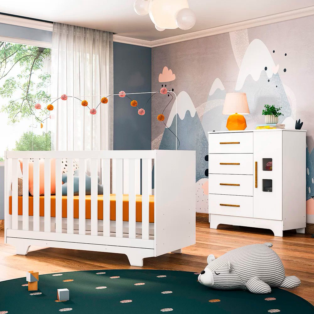 Conjunto Berço Minicama Infantil Fly + Cômoda 4 Gavetas + Fraldário Tigus Baby - Branco - 1