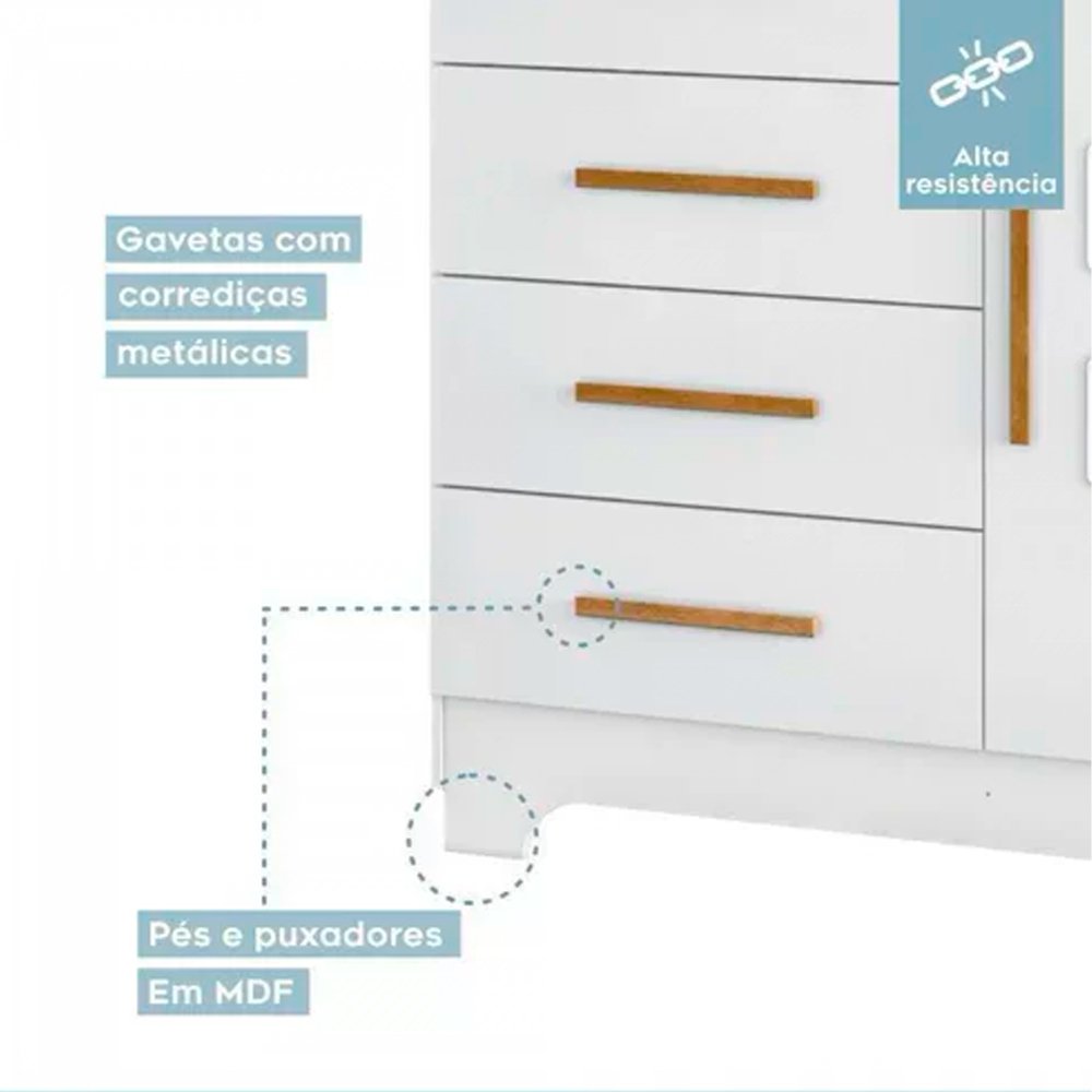 Conjunto Berço Minicama Infantil Fly + Cômoda 4 Gavetas + Fraldário Tigus Baby - Branco - 4