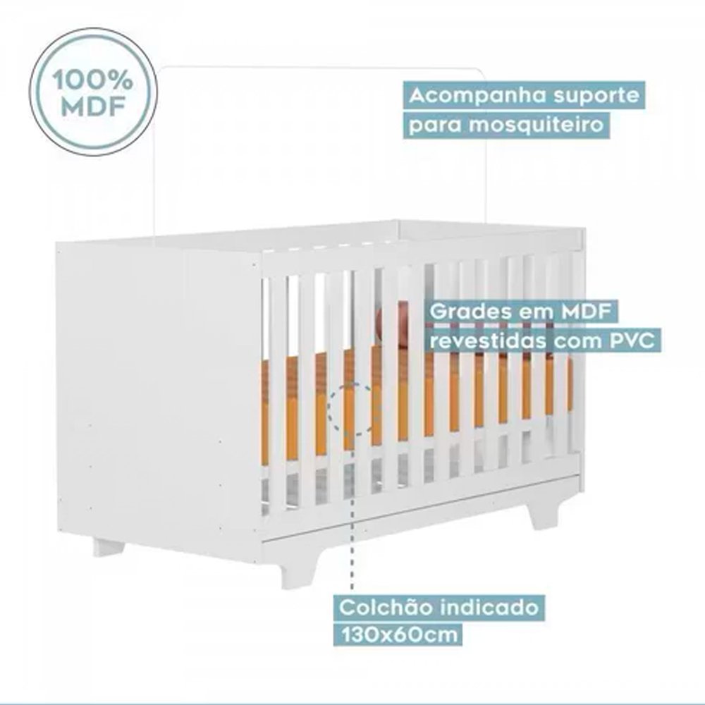Conjunto Berço Minicama Infantil Fly + Cômoda 4 Gavetas + Fraldário Tigus Baby - Branco - 3