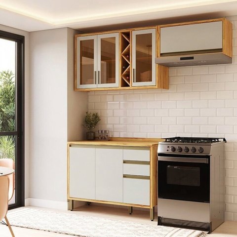 Cozinha Modulada Compacta 3 Peças 6 Portas e 3 Gavetas 100% MDF 200cm Barbados Espresso Móveis Bege/Amêndoa/Off White