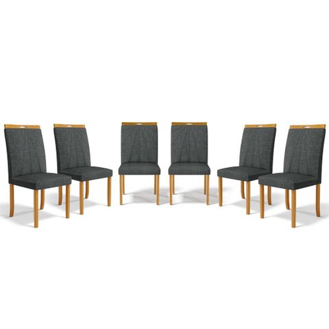 Kit com 6 Cadeiras Maiara Madeira Maciça Estofadas para Mesa de Jantar Linho Chumbo 406