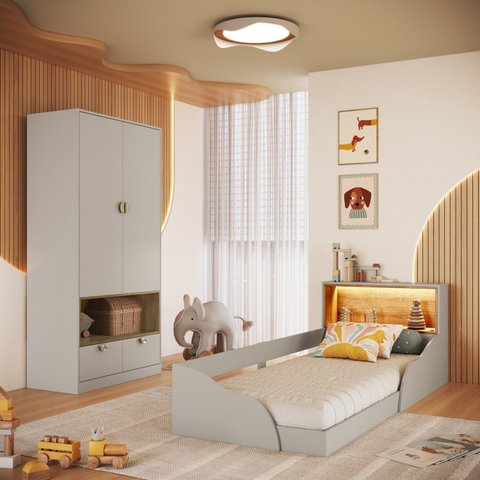 Quarto Infantil com Cama Solteiro Montessoriana com Iluminação LED e Guarda-Roupas Lille Bege/Arenas