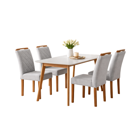 Conjunto Sala de Jantar 4 Lugares Hera Mesa e Cadeiras Madeira Maciça Tecido Linho Cinza Prata Tampo