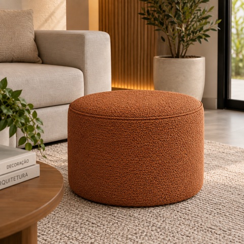 Puff Decorativo Redondo Orgânico 52x37 cm Linho Bouclé Terracota