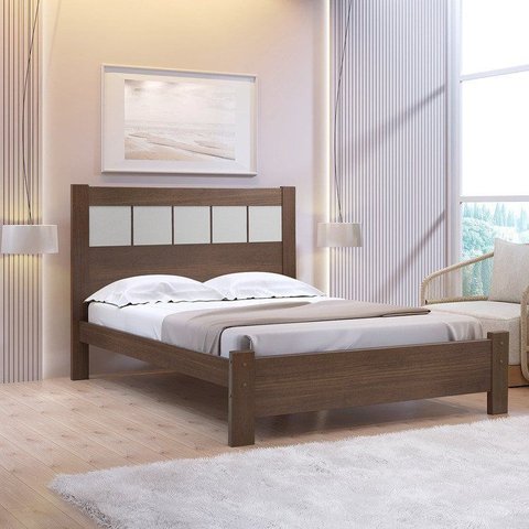 Cama Casal Premium 100% MDF e Cabeceira em Baixo Relevo Castanho com Off White