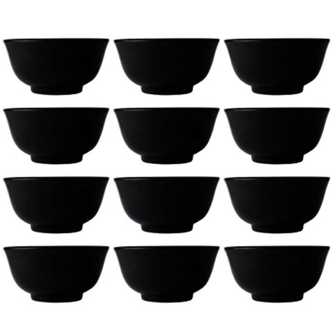 Jogo 12 Tigelas Porcelana Pequenas 240ml Oriental Sopa Missô Sunomono Preta 11cm Germer
