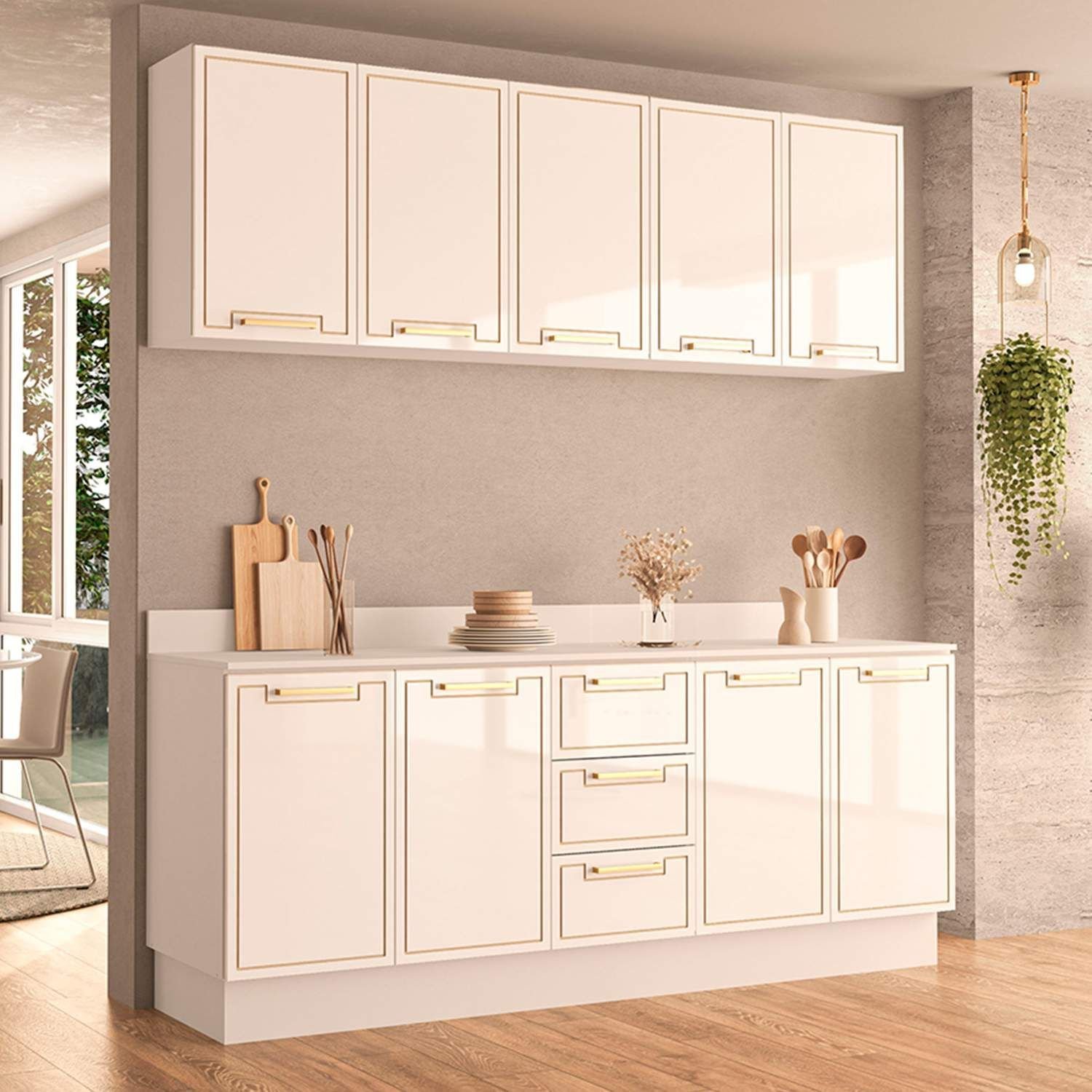 Armário de Cozinha Modulada Completa 4 Peças 200cm com Tampo 100% Mdf ...