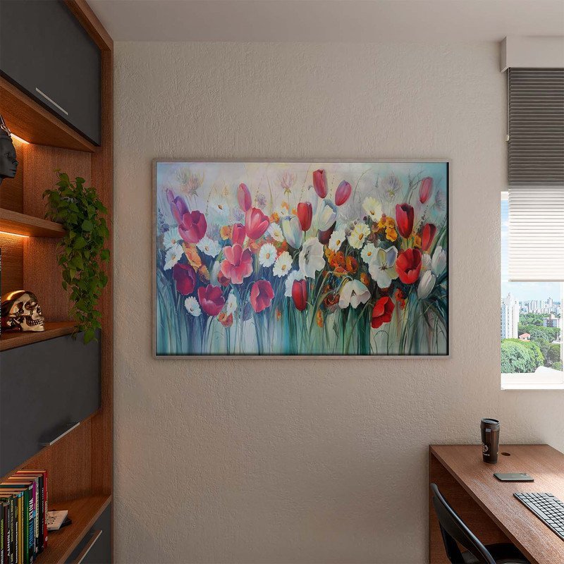 Quadro Decorativo Tela Canvas Folhas e Flores Red and White Garden Com Moldura e Vidro Prata - 150x1 - 3