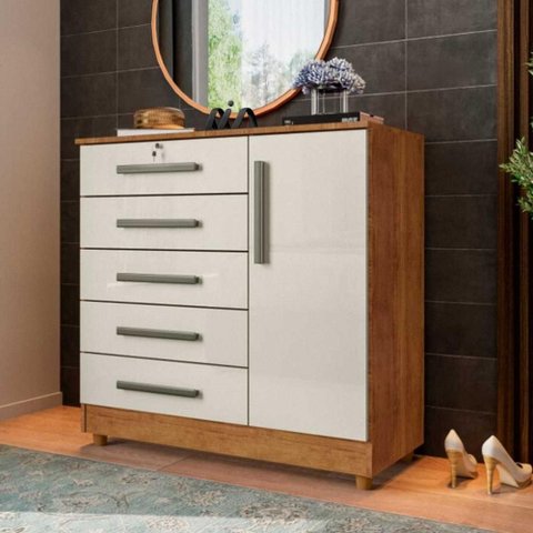 Cômoda Grande 5 Gavetas 1 Porta com Chave Elegante Cedro/areia Repleta