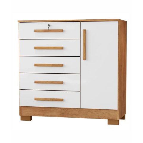 Cômoda Grande 5 Gavetas com Chave 1 Porta Repleta Cedro/Areia