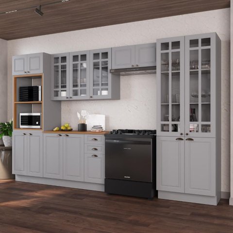 Armário de Cozinha Modulada Completa Fidelitá Nara 100% MDF 5 Peças 350cm 16 Portas 2 Gavetas com