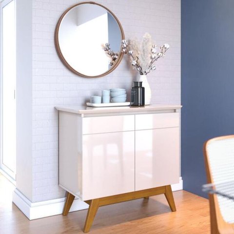 Buffet Classic 2 Portas Moderno em MDF Pés Madeira Maciça Off White