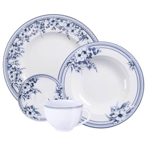 Aparelho de Jantar em Porcelana Decorada 24 Peças Tramontina Azzura 6 Pessoas Mesa Posta