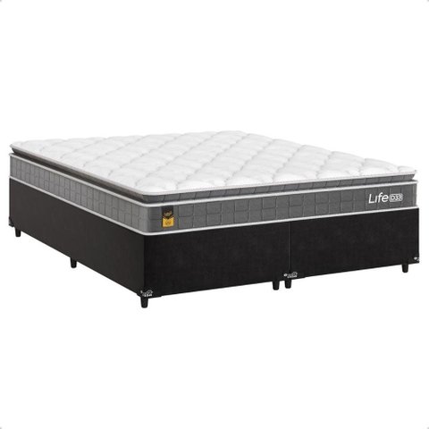Cama Box Queen Preto + Colchão Life D33 Pillow Top Cinza - 56x158x198cm - e-Shop Casa
