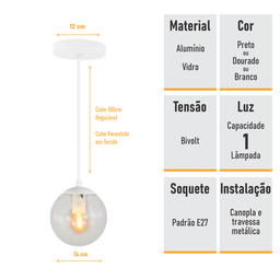 Pendente Globo Esfera de Vidro Cristal 14cm - Branco - 4