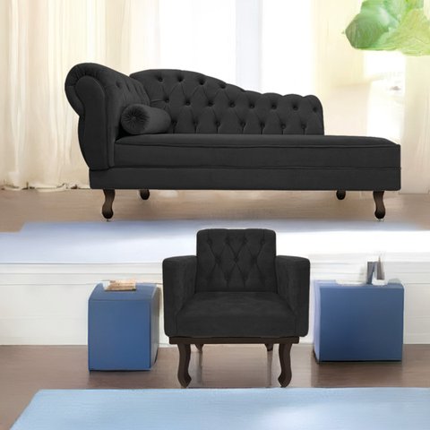 Kit Diva Recamier Diana 185cm Lado Direito e 01 Poltrona Classic Linho Cinza Escuro - ADJ Decor