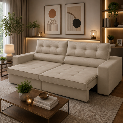 Sofá Retrátil 2 Lugares 190cm com Molas Magali Suede Bege