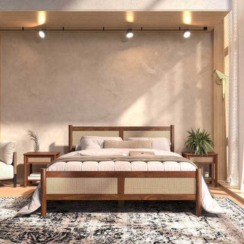 Cama Queen Palhinha Madeira 200 x 160 cm Rattan Reforcada Castanho Cefira Idimex
