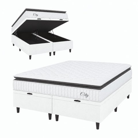 Cama Box Baú Colchão Casal King Molas Ensacadas City Pillow Top 193x203x64cm Branco / Cinza