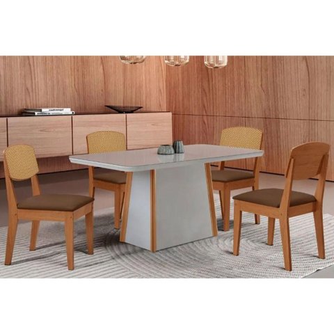 Conjunto: Mesa de Cozinha Tilia Curvo 120cm + 4 Cadeiras Havana Naturale/off White - Suede Marrom -