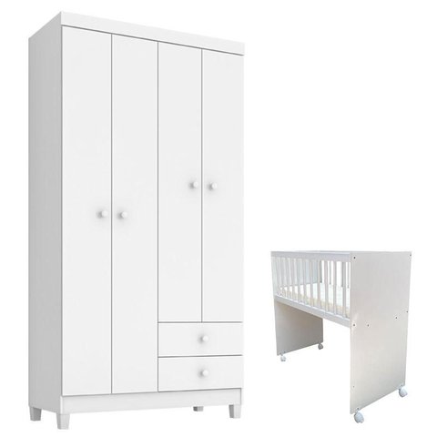 Mini Berço Moisés Alegria com Colchão e Guarda Roupa Ternura Baby 4 Portas Branco Flex - Incorplac