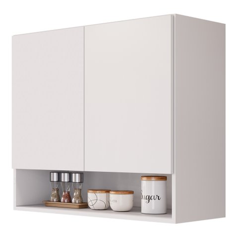 Armário Aéreo Multiuso Meg 80cm 100%mdf 02 Portas com Nicho Integrado Branco - Desk Design