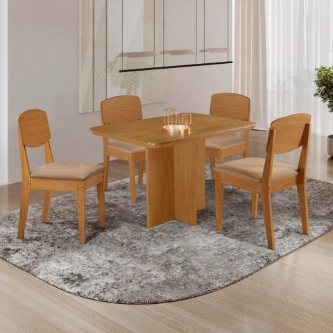 Conjunto Mesa de Jantar 120cm com 4 Cadeiras 100% MDF Multimóveis Crrft-CON042 Madeirado/Bege