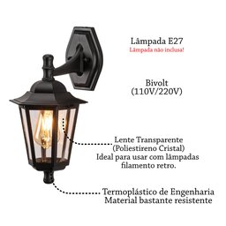Arandela Colonial Retro Externo E27 Preto Lente Transparente Lup40 - 2