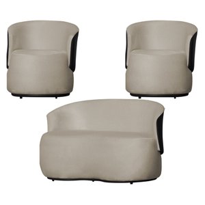 Kit 1 Namoradeira e 2 Poltronas Orgânica Beatriz Suede Composê Corino Preto - Estopar Suede Bege