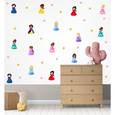 Adesivo de Parede Infantil Princesas Cute e Estrelas