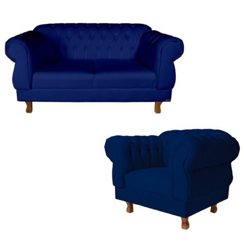 Uma Namoradeira 2 Lugares Elisabeth Capitonê + Uma Poltrona Eisabeth - Suede Azul Marinho Chesterfie