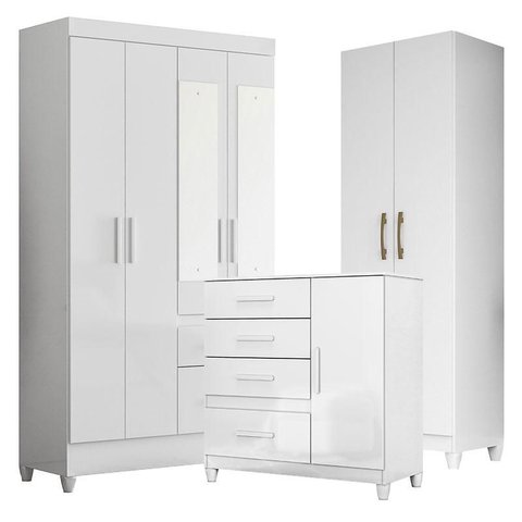 Guarda Roupa com Espelho Infantil Madri com Cômoda Vênus com pés e Armário Multiuso New Íris Branco 