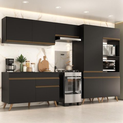 Armário Cozinha Modulada Completa 314cm com Balcão Veneza Multimóveis Mp3758 Preto/dourado