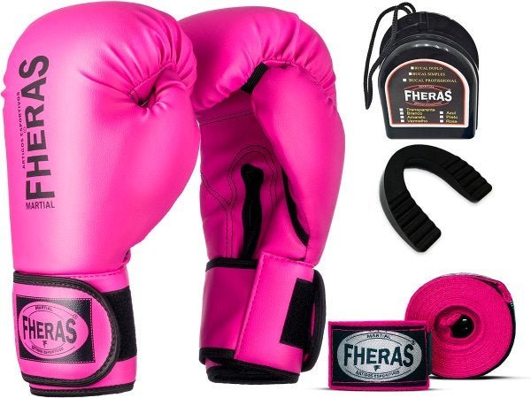 Kit Luva de Boxe Muay Thai MMA Bandagem e Bucal Rosa 08oz