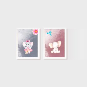 Kit 2 Quadros Aquarelado Elefantes