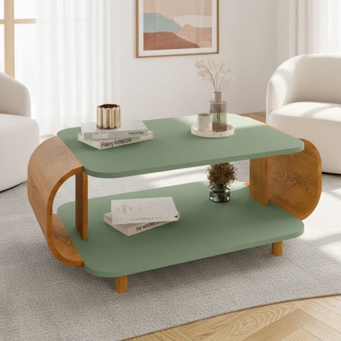 Mesa de Centro Oval Floripa com Pés em Madeira Maciça:pistache-naturalle