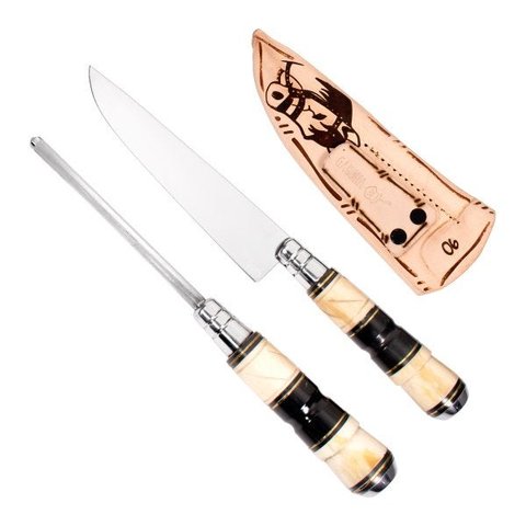 Conjunto Artesanal Faca com Chaira Inox 6 Polegadas Cabo Osso e Chifre - Cutelaria Chef