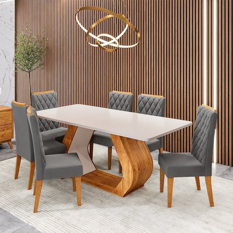 Conjunto Sala de Jantar 6 Lugares Retangular Tampo em MDF Store Cinza/Mel/Blonde