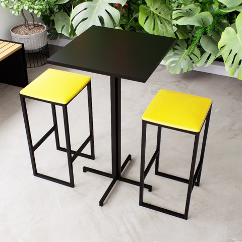 Conjunto Mesa Alta Bar Bistrô Quadrada Preta 2 Bancos Estofado Don Castro Decor