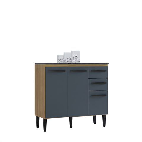 Balcão 3 Portas e 2 Gavetas Cozinha Armário Compacto 90cm Isadora - Damasco/Cinza