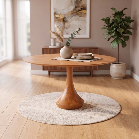 Mesa Redonda Mahal 4 Lugares Base Madeira Maciça Tampo com Lâmina Natural 100 cm Cor Champagne