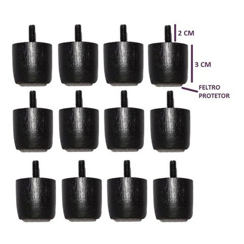 Kit de 12 Mini Pés para Cama Box ou Baú Queen King Preto 3cm de Altura Madeira Maciça