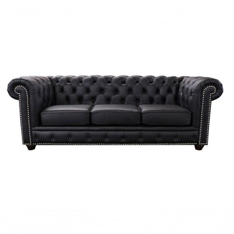 Sofá Chesterfield de Couro 3 Lugares Preto Pigmentado - Mempra